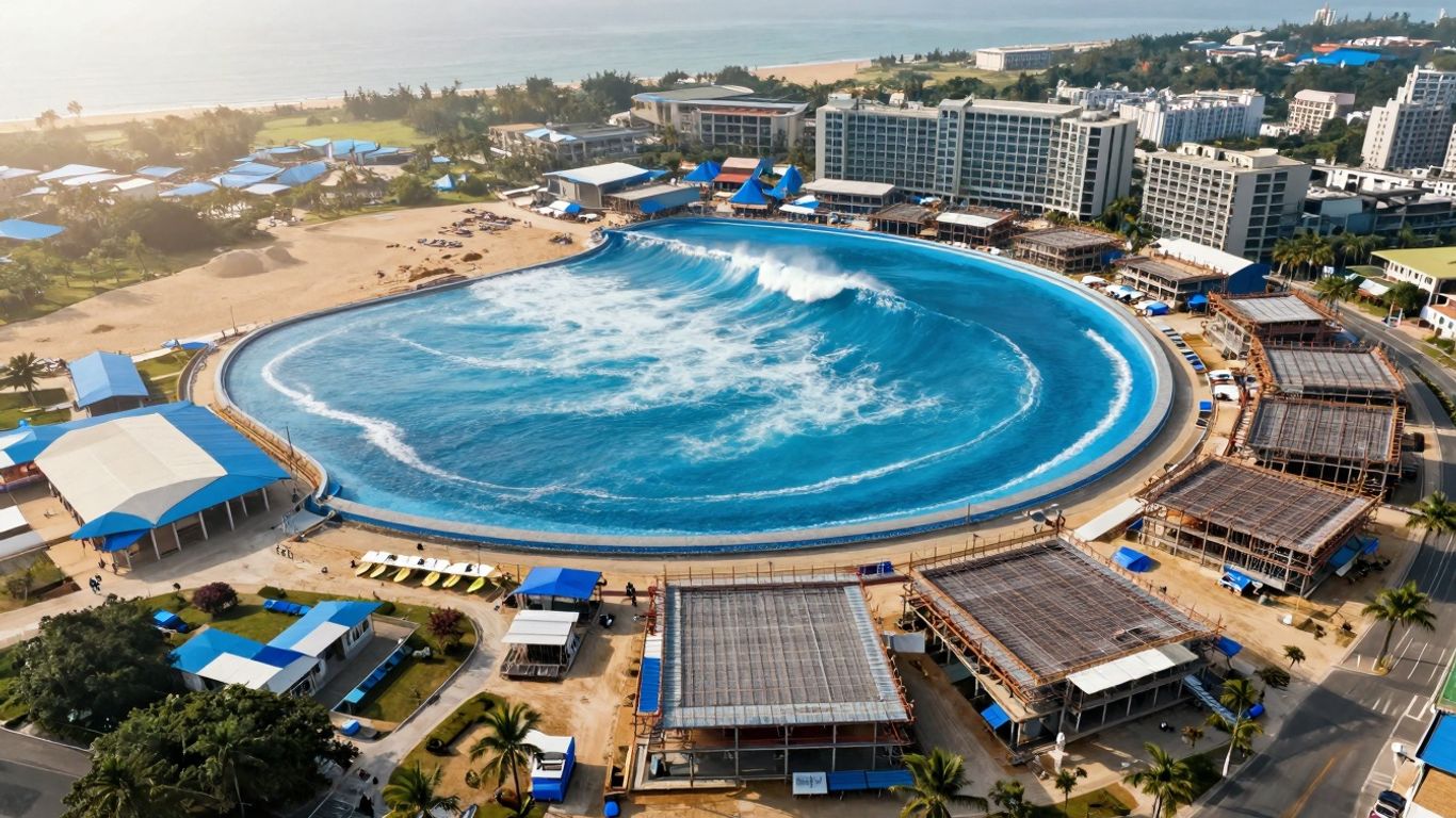New surf resort construction with wave pool and buildings.