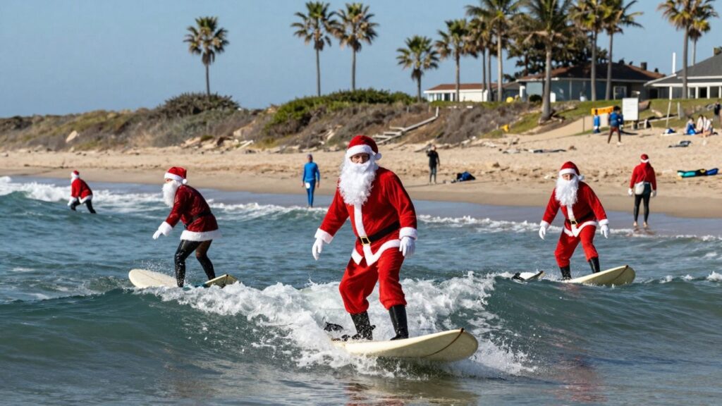 Surfers dressed as Santa Claus riding waves on a sunny beach.