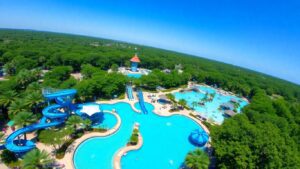 Water park with slides and pools under a sunny sky.