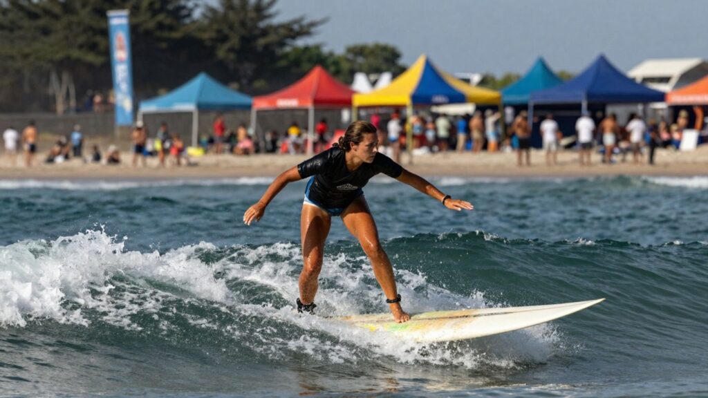 Female surfer riding a wave at a festival.