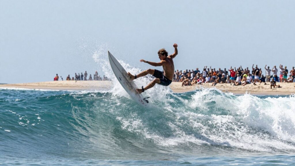 Surfer catches a wave at Corona Cero Surf Open Cerritos.