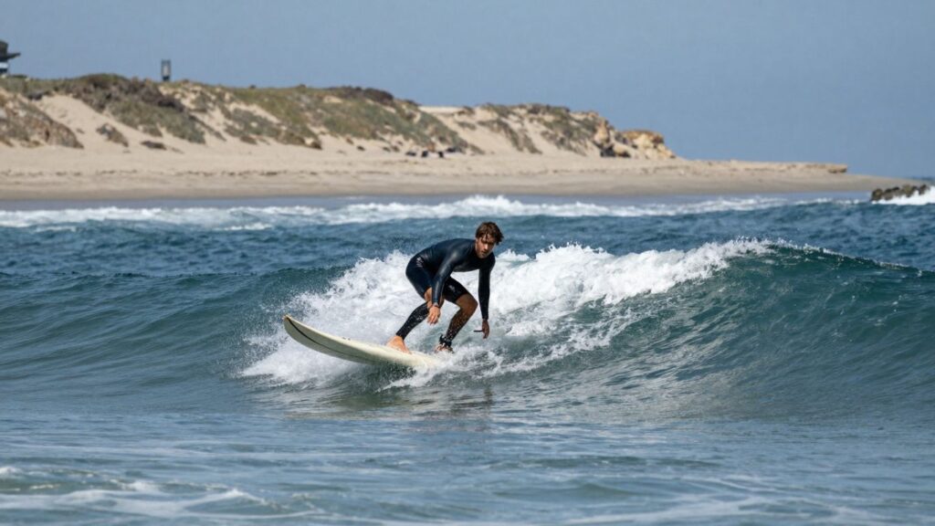 Surfer riding a longboard on a Pismo Beach wave.