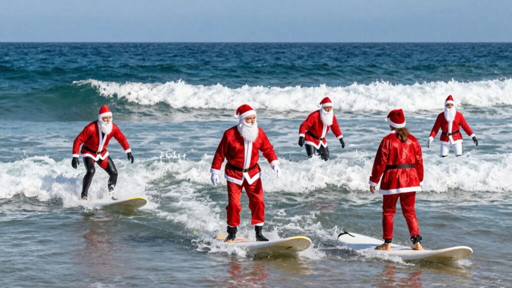Surfers in Santa suits riding ocean waves.