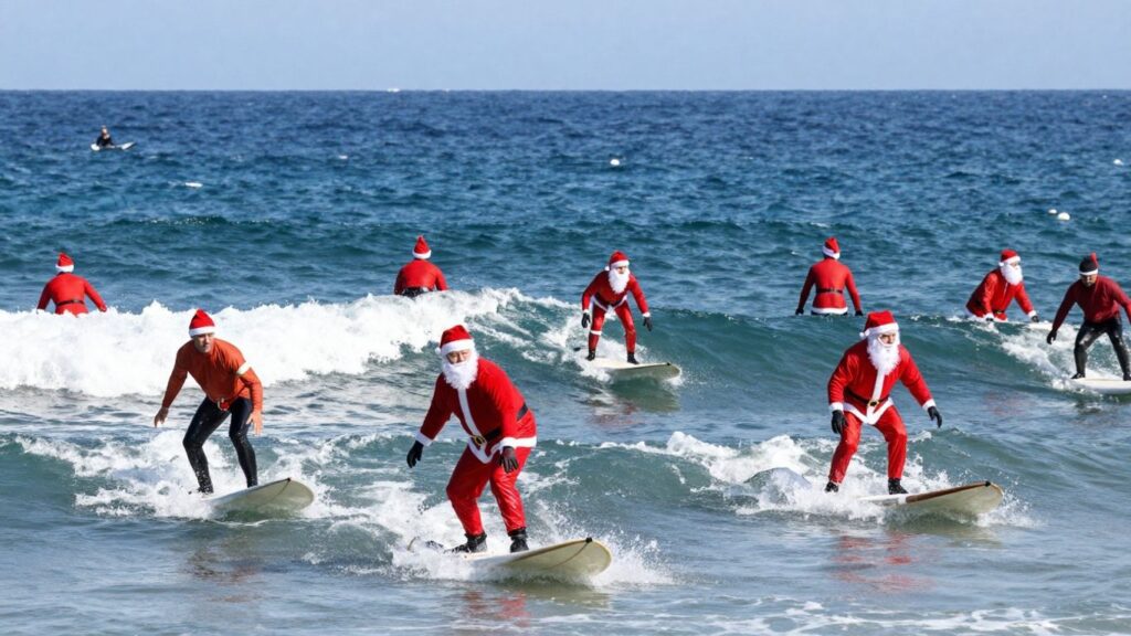 Surfers in Santa suits riding waves at Cocoa Beach.