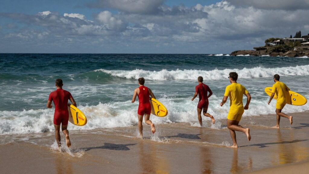 Lifesavers race into the waves at Bondi Beach.