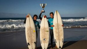 John Mel and Eden Walla celebrate winning SLO CAL Open Morro Bay.