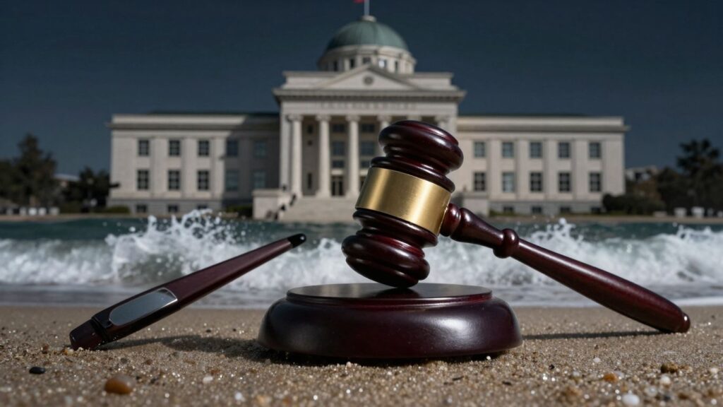 Gavel, courthouse, and ocean waves