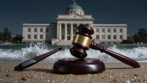 Gavel, courthouse, and ocean waves