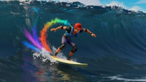 Fortnite character surfing a giant wave.