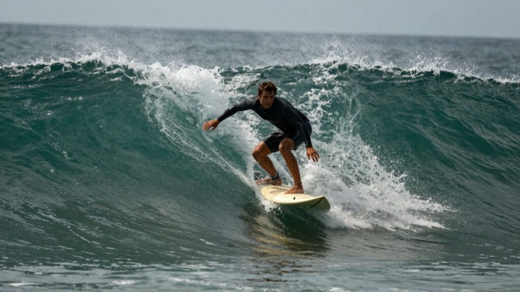 Surfer riding a longboard on a choppy wave.