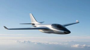 Futuristic electric aircraft flying in a blue sky.