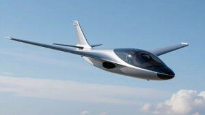 Futuristic electric aircraft flying in a blue sky.