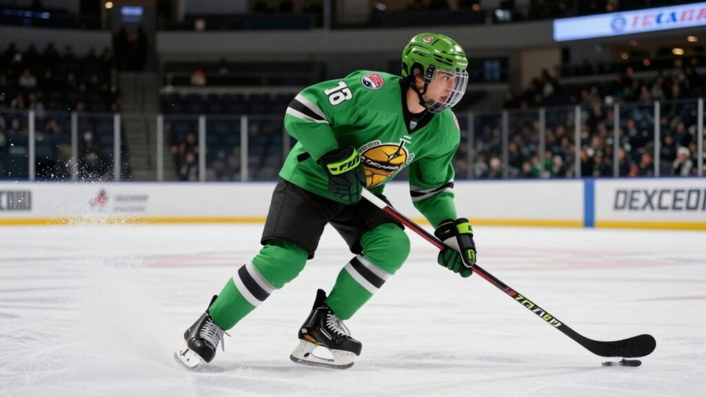 Hockey player in Teenage Mutant Ninja Turtle helmet on ice.
