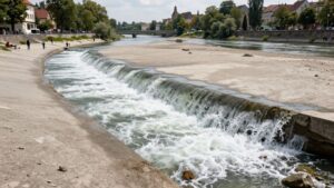 Dry riverbed where Munich's famous standing surf wave used to be.