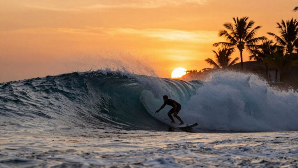 Surfer riding a giant wave at sunset.