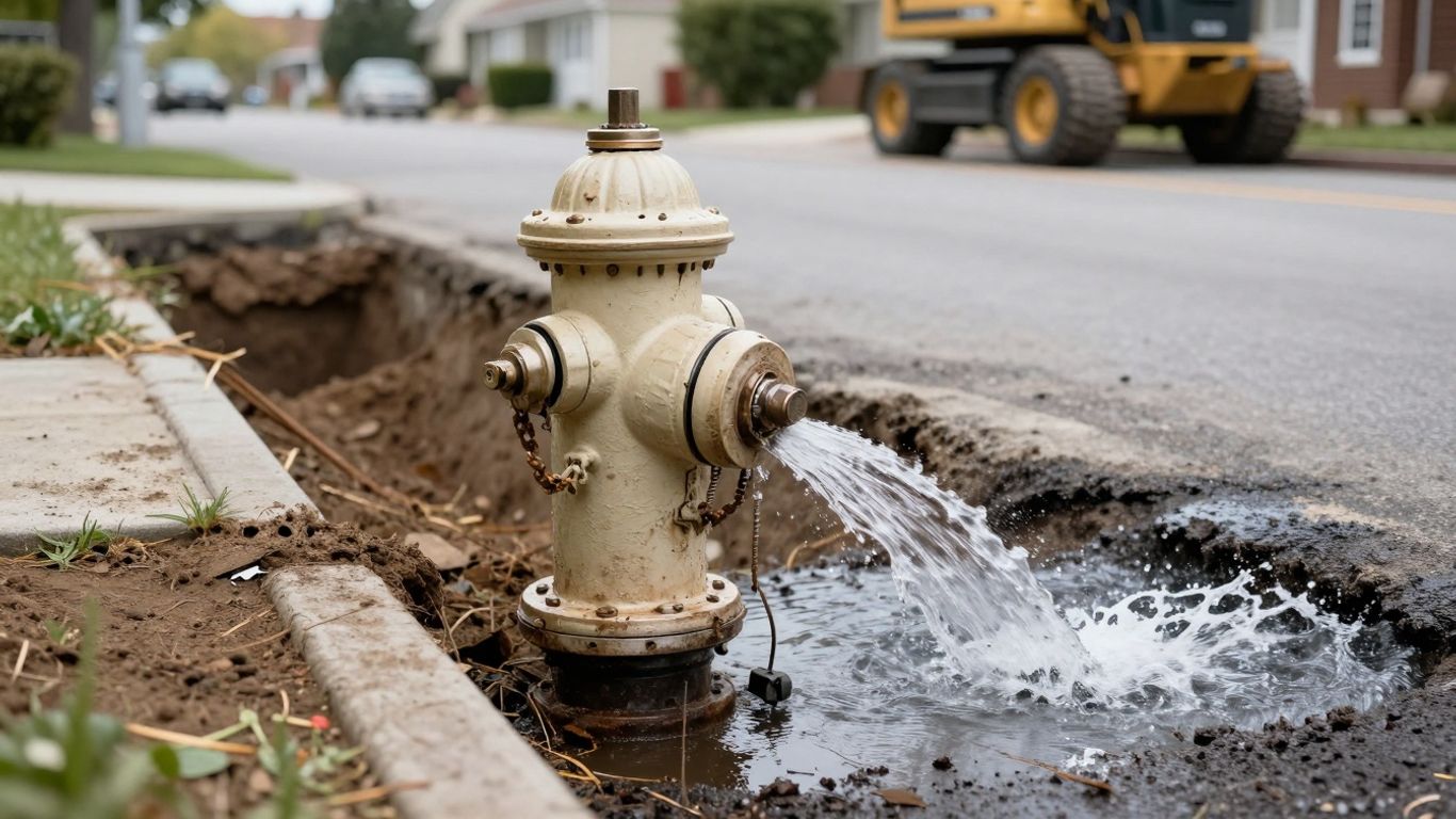Broken fire hydrant with water spraying on a street.